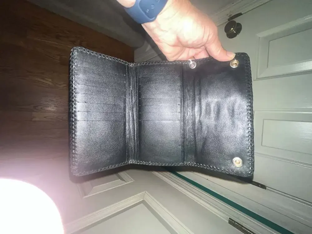 Red Leather Trifold Biker Wallet with Snap Detail
